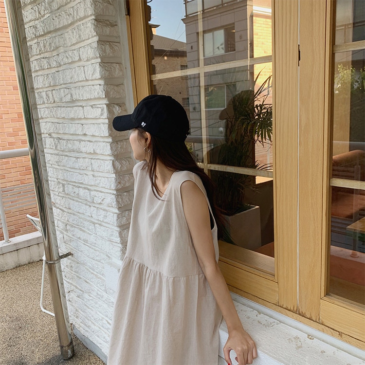 ゆったり ノースリーブ リネンロングワンピース