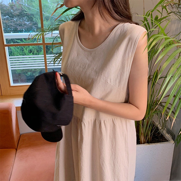 ゆったり ノースリーブ リネンロングワンピース