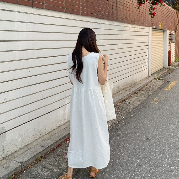 ゆったり ノースリーブ リネンロングワンピース