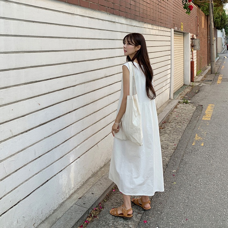 ゆったり ノースリーブ リネンロングワンピース