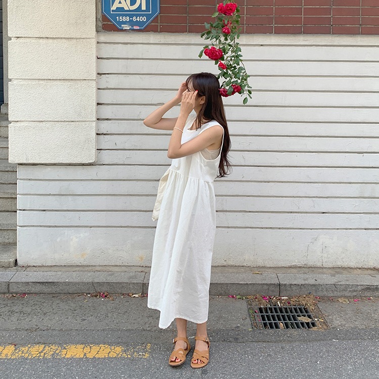 ゆったり ノースリーブ リネンロングワンピース