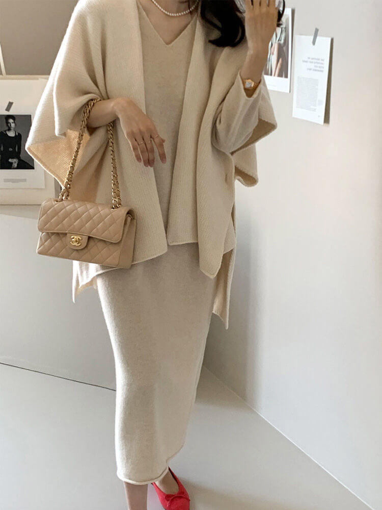 ストール風 オープンフロント ニットベスト ポンチョ