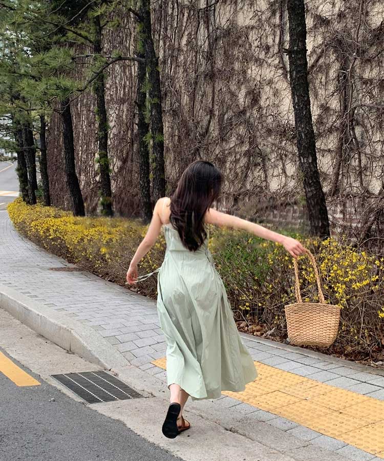 リボン付き ギャザー ビッグポケット キャミワンピース