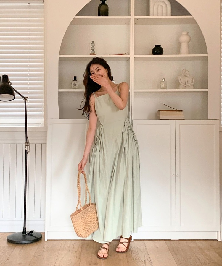 リボン付き ギャザー ビッグポケット キャミワンピース