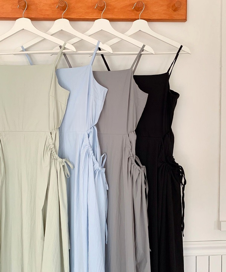 リボン付き ギャザー ビッグポケット キャミワンピース