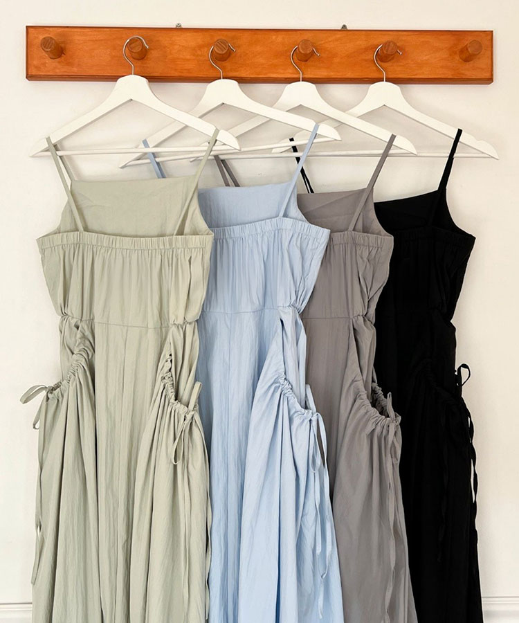 リボン付き ギャザー ビッグポケット キャミワンピース