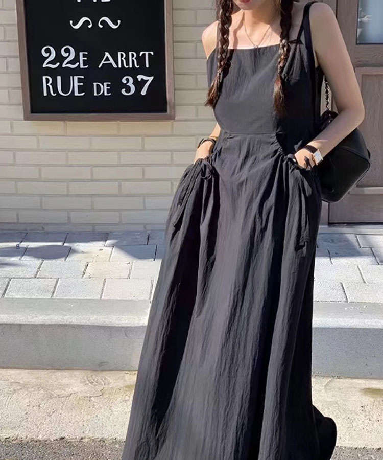 リボン付き ギャザー ビッグポケット キャミワンピース