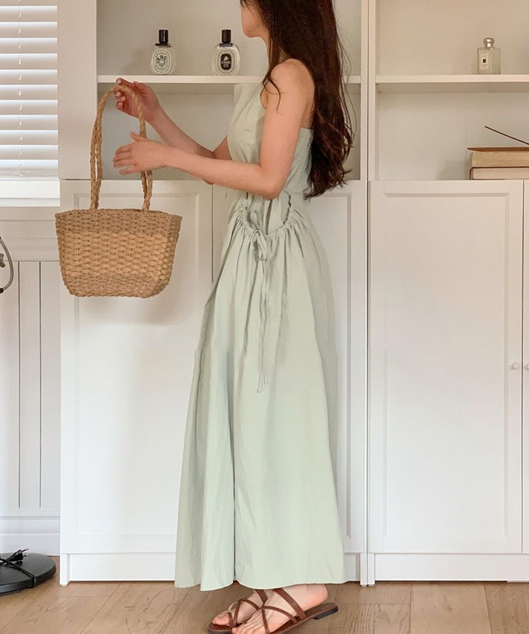 リボン付き ギャザー ビッグポケット キャミワンピース