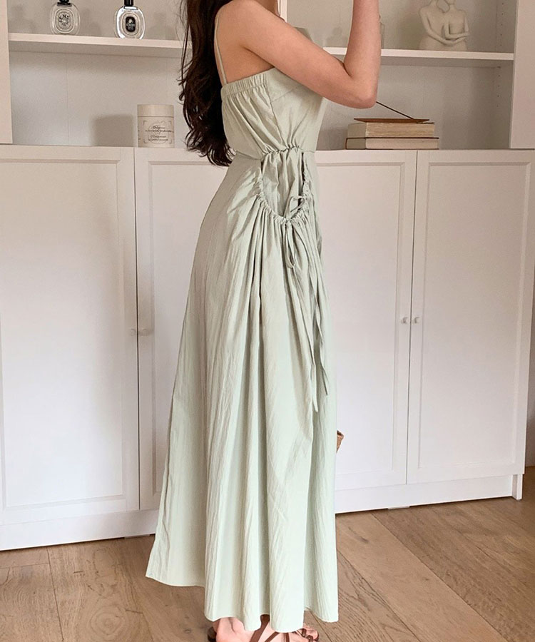 リボン付き ギャザー ビッグポケット キャミワンピース