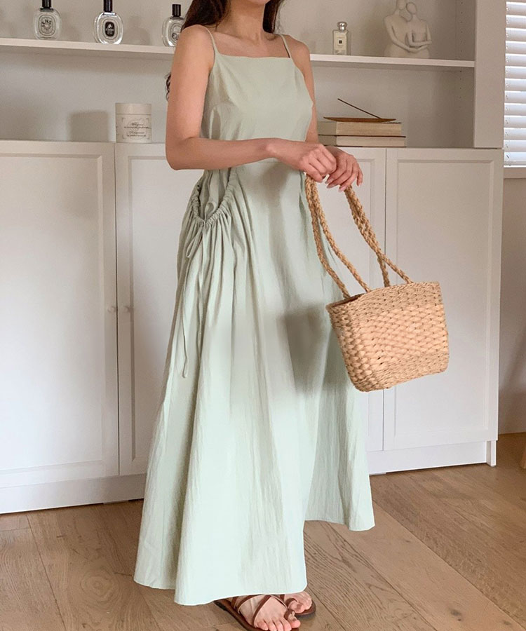 リボン付き ギャザー ビッグポケット キャミワンピース