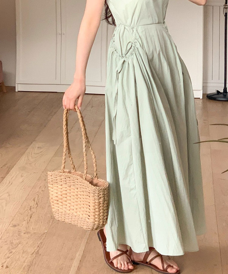 リボン付き ギャザー ビッグポケット キャミワンピース