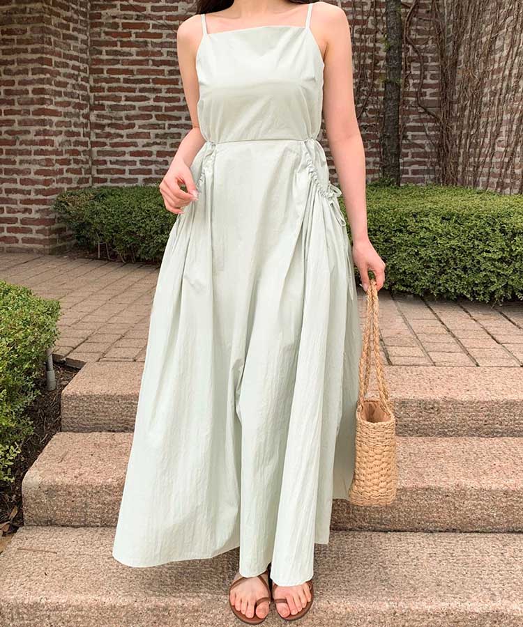 リボン付き ギャザー ビッグポケット キャミワンピース