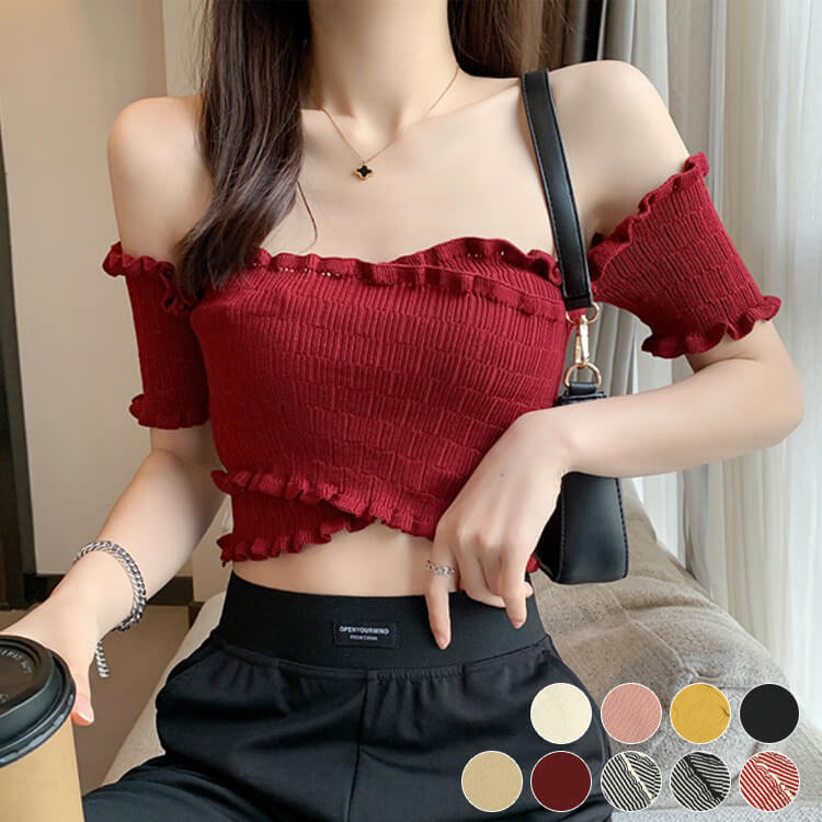 クロスデザイン ショート丈 オフショルダー トップス