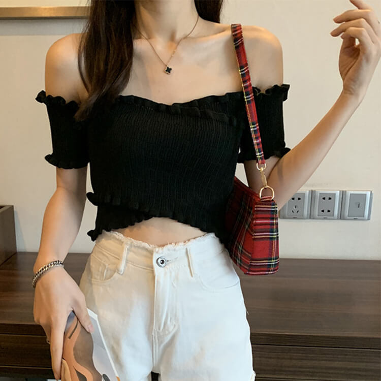クロスデザイン ショート丈 オフショルダー トップス