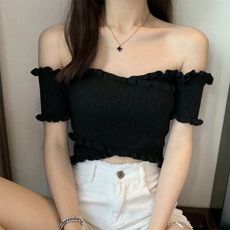 クロスデザイン ショート丈 オフショルダー トップス