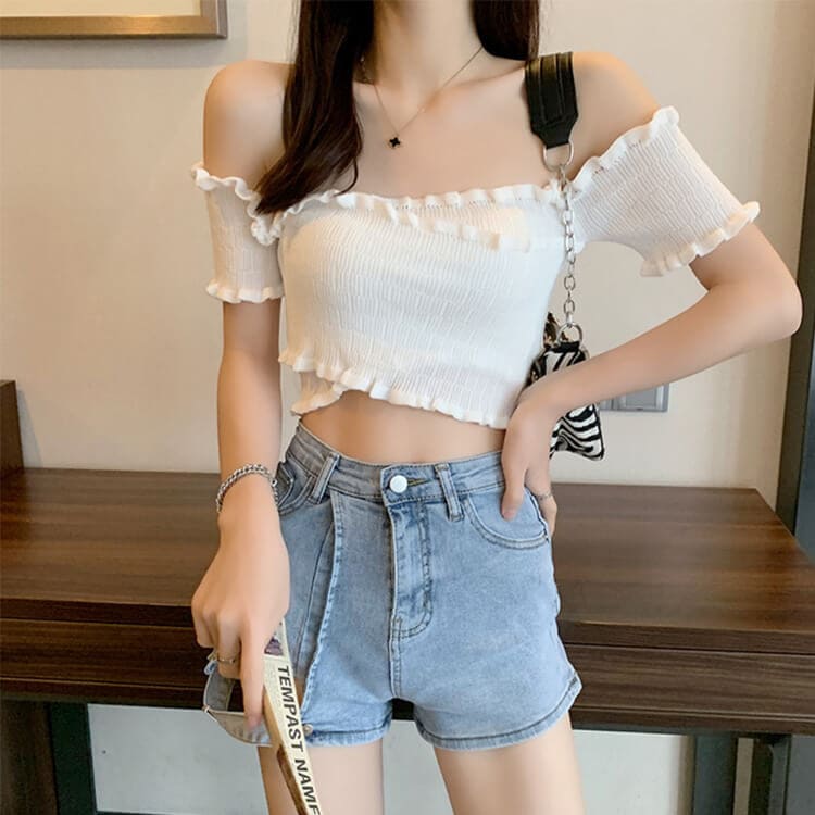 クロスデザイン ショート丈 オフショルダー トップス