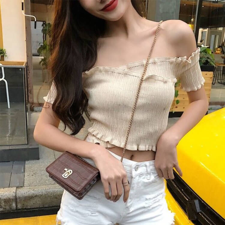 クロスデザイン ショート丈 オフショルダー トップス