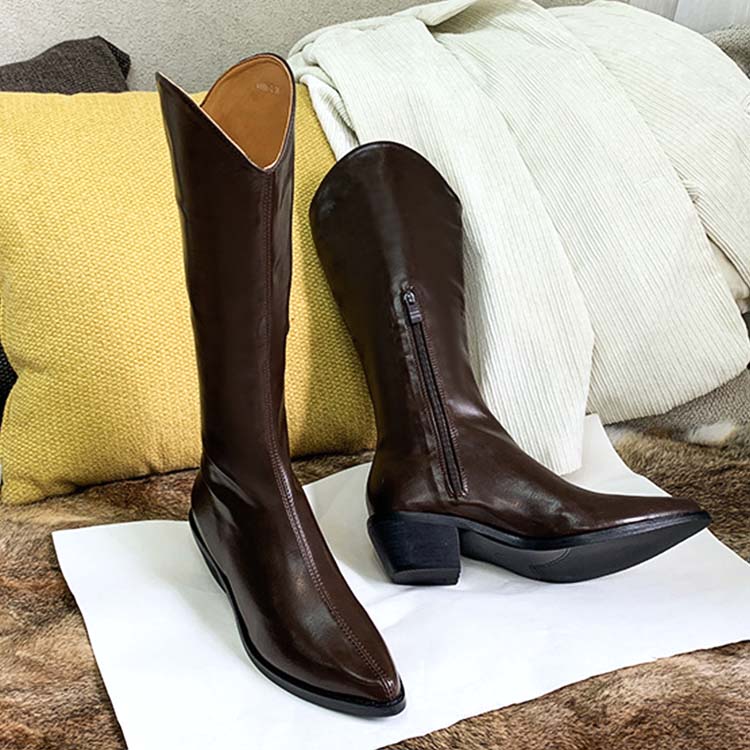 シンプル ローヒール カウボーイブーツ ロングブーツ