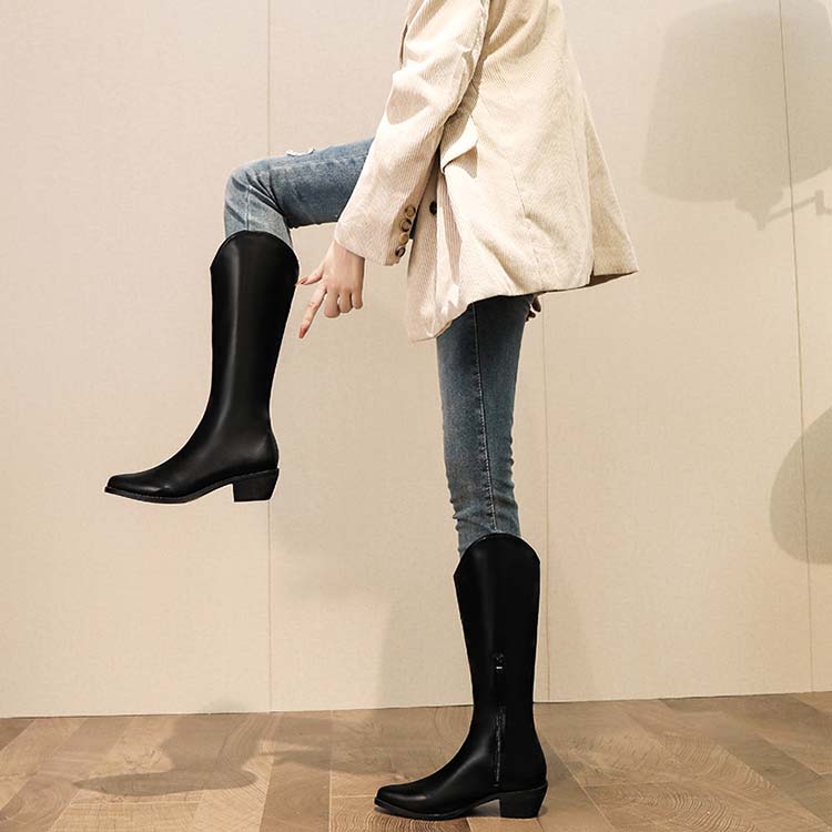 シンプル ローヒール カウボーイブーツ ロングブーツ