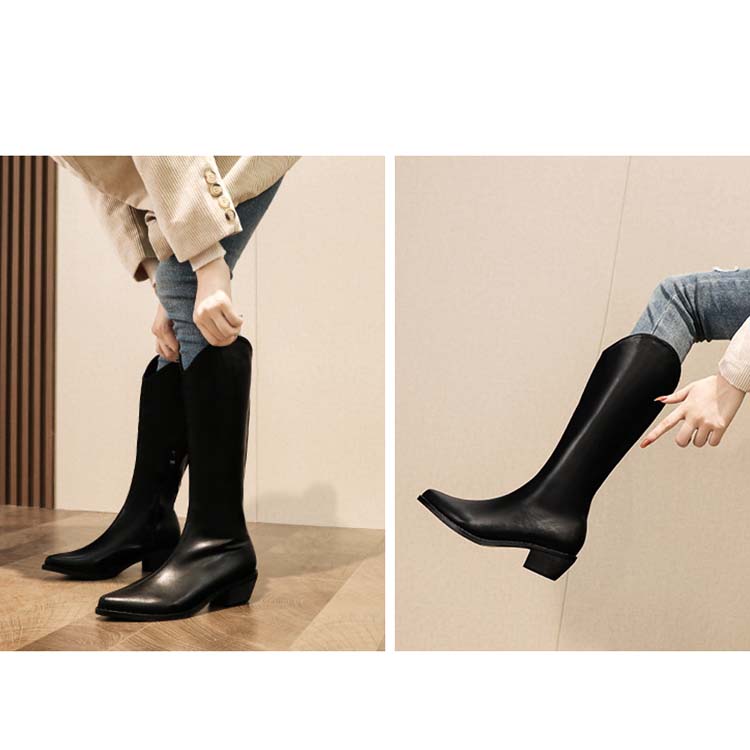 シンプル ローヒール カウボーイブーツ ロングブーツ