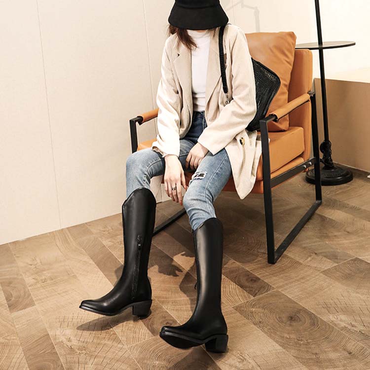 シンプル ローヒール カウボーイブーツ ロングブーツ