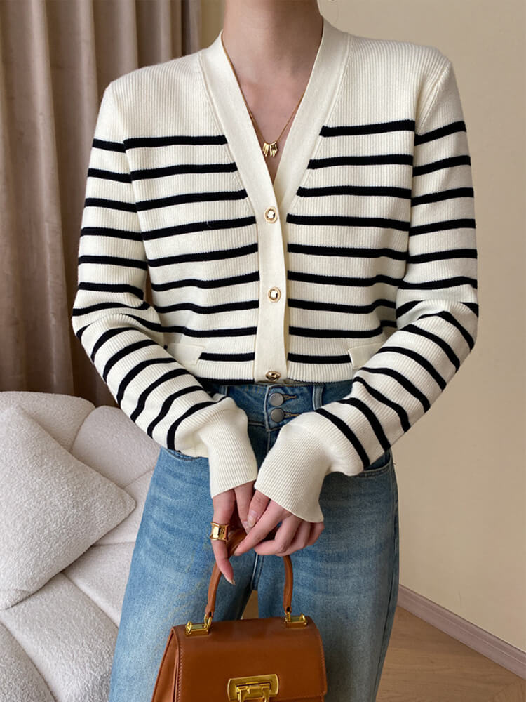 ゴールドボタン ボーダー 切り替え ニットカーディガン