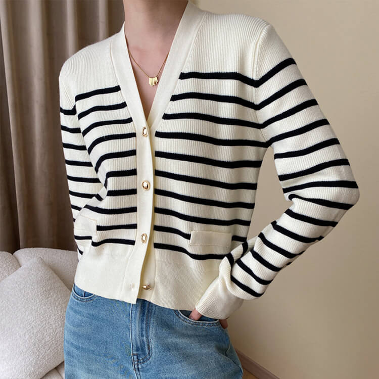 ゴールドボタン ボーダー 切り替え ニットカーディガン