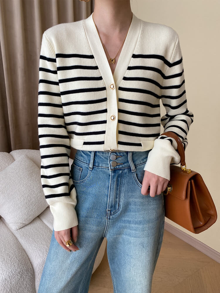 ゴールドボタン ボーダー 切り替え ニットカーディガン
