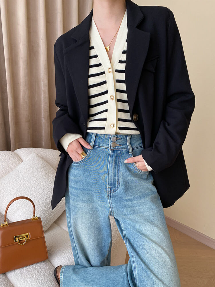 ゴールドボタン ボーダー 切り替え ニットカーディガン