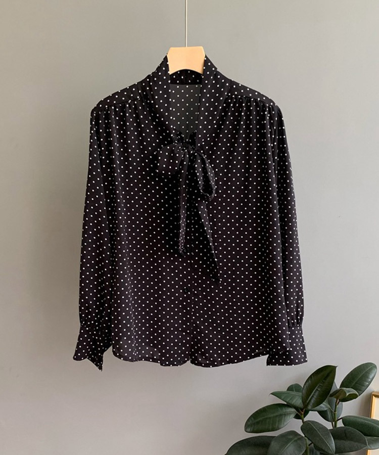 シーナリードット柄シフォンブラウス 五分丈 黒