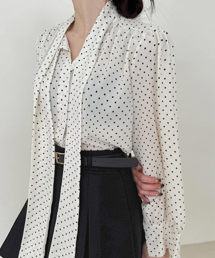 ふんわり ドット柄 長袖 シフォン ブラウス