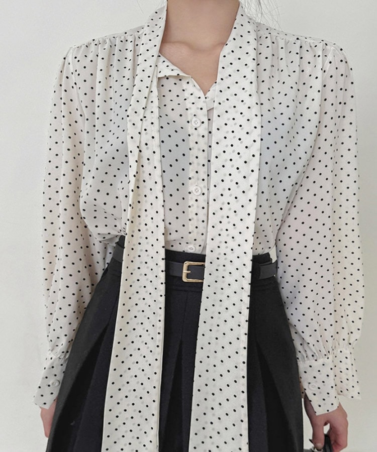 ふんわり ドット柄 長袖 シフォン ブラウス