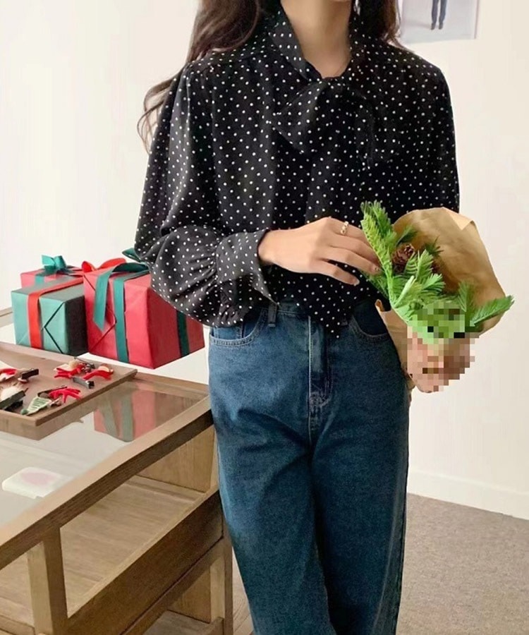 ふんわり ドット柄 長袖 シフォン ブラウス