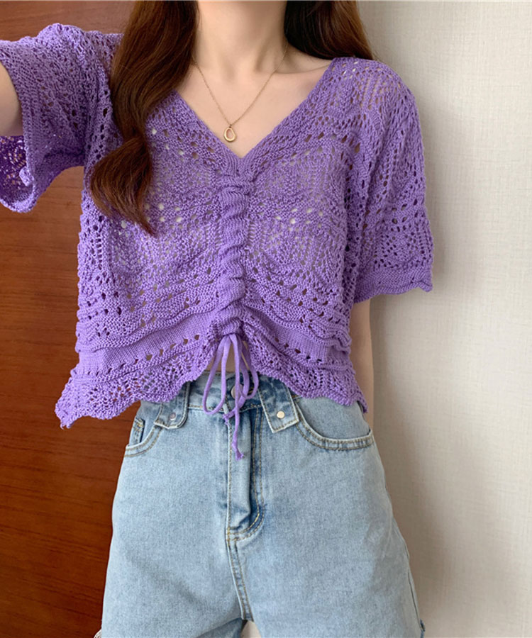 ショート丈 ギャザー 半袖 クロシェ編み トップス

