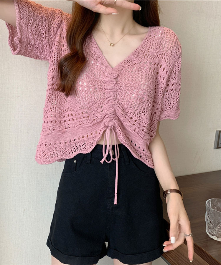 ショート丈 ギャザー 半袖 クロシェ編み トップス

