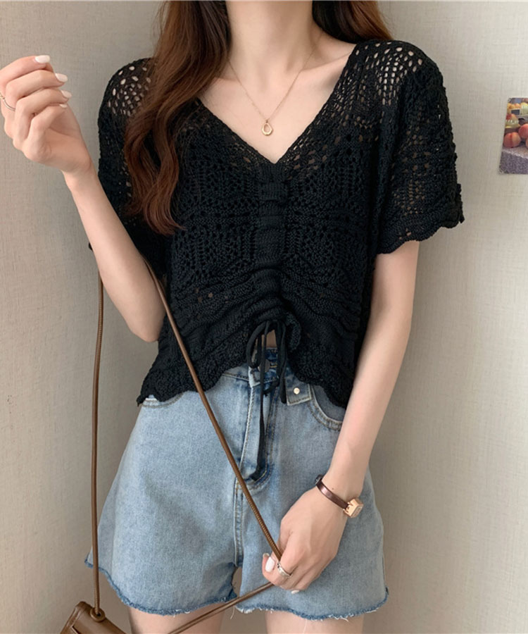ショート丈 ギャザー 半袖 クロシェ編み トップス

