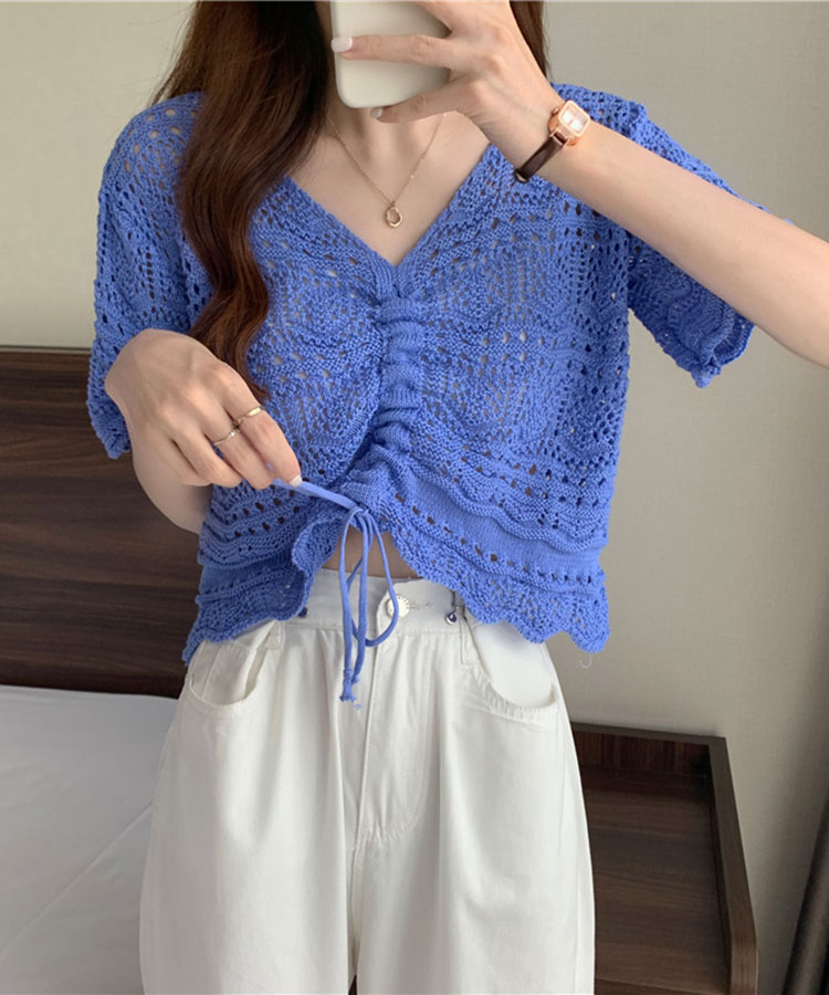 ショート丈 ギャザー 半袖 クロシェ編み トップス

