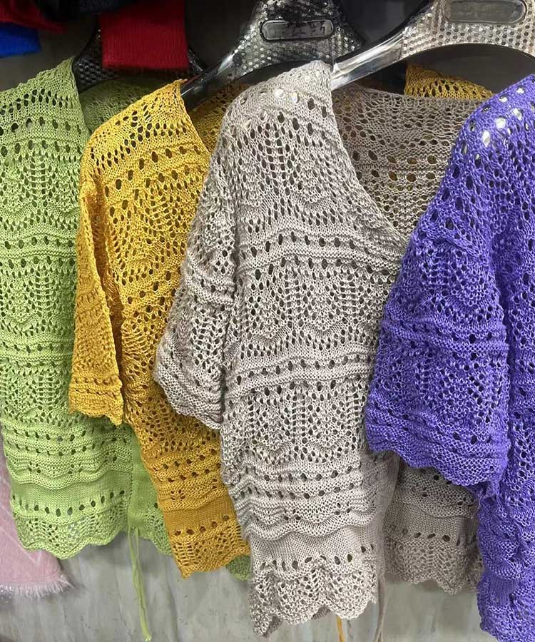 ショート丈 ギャザー 半袖 クロシェ編み トップス

