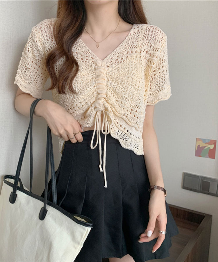 ショート丈 ギャザー 半袖 クロシェ編み トップス

