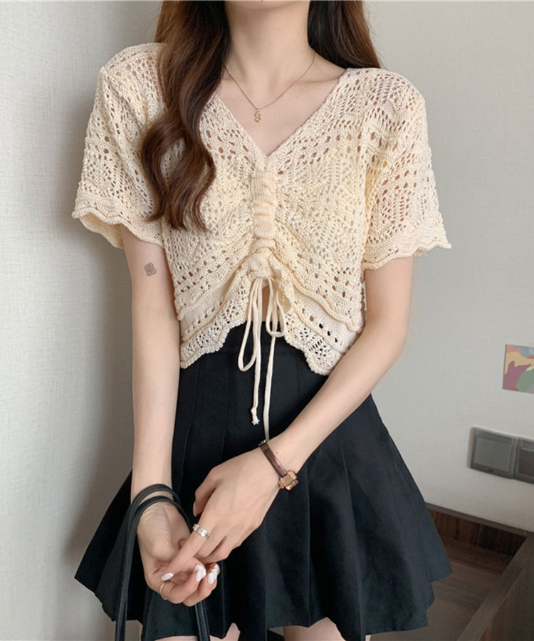 ショート丈 ギャザー 半袖 クロシェ編み トップス


