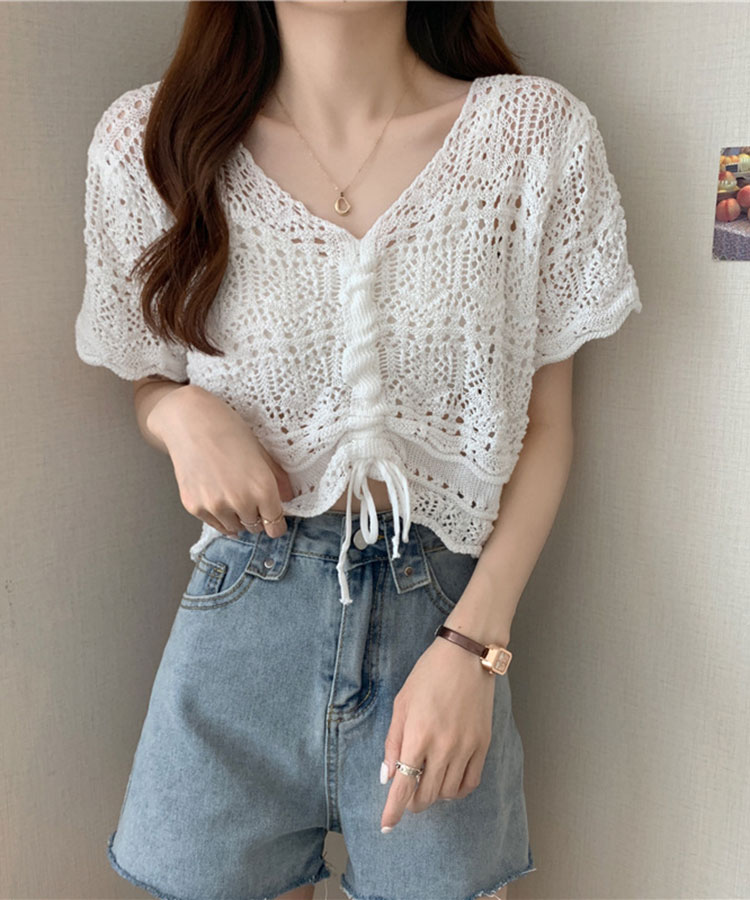 ショート丈 ギャザー 半袖 クロシェ編み トップス

