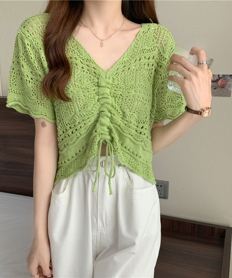 ショート丈 ギャザー 半袖 クロシェ編み トップス

