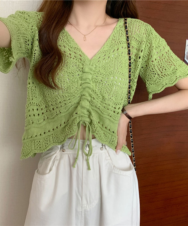 ショート丈 ギャザー 半袖 クロシェ編み トップス

