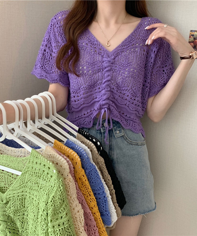 ショート丈 ギャザー 半袖 クロシェ編み トップス

