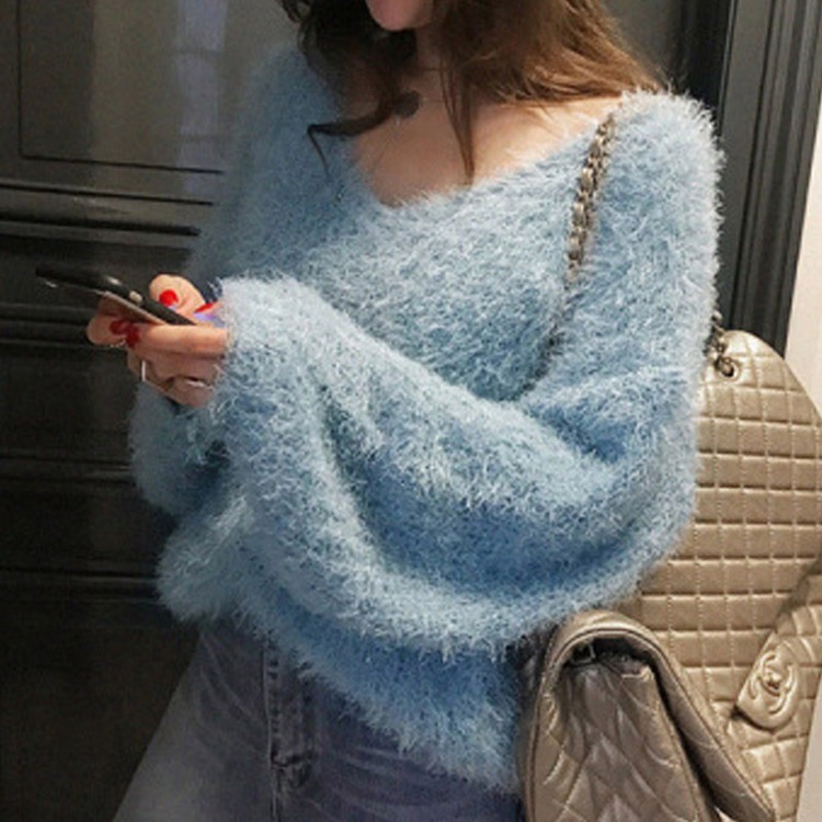 Vネック シャギーニット トップス