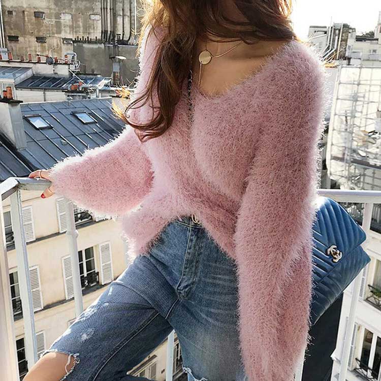 Vネック シャギーニット トップス