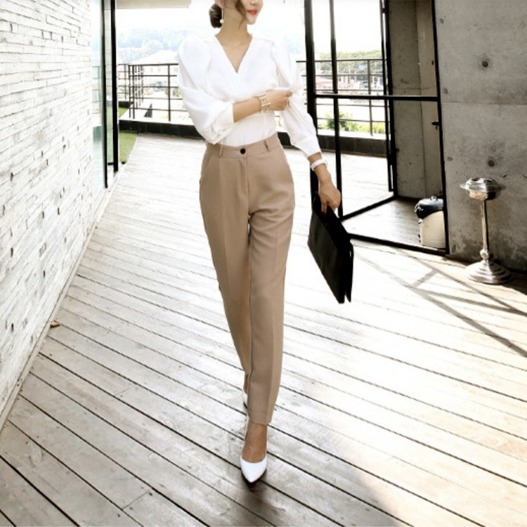 Vネックノーカラー セミロング丈 パンツスーツ