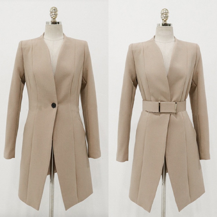 Vネックノーカラー セミロング丈 パンツスーツ