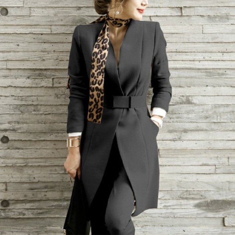 Vネックノーカラー セミロング丈 パンツスーツ