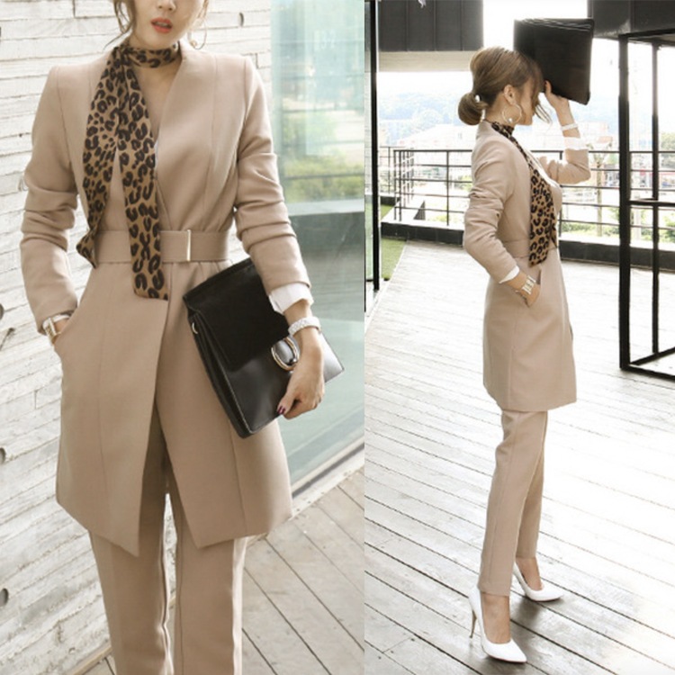 Vネックノーカラー セミロング丈 パンツスーツ